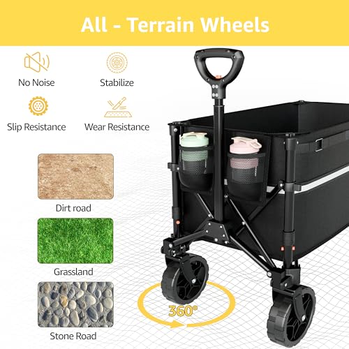 ROSONG Collapsible Wagon Cart with Wheels Foldable - Folding Utility Heavy Duty Wagons Carts for Grocery Sports Garden Shopping Camping Wheelbarrows (Black, 120L)