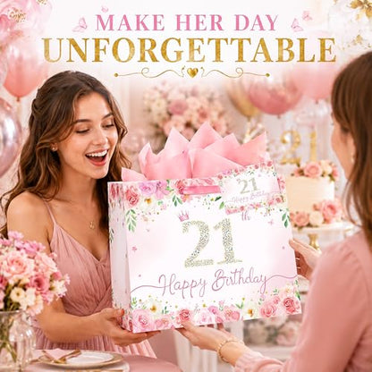 QISOLIY Pink Floral 21st Birthday Gift Bag for Women, Large Happy 21st Birthday Gift Bag with Tissue Paper and Greeting Card Included, Elegant Birthday Present Bag for Daughter, Sister, Best Friend and Her - color: 21th