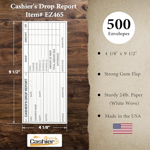 500 Cashier Depot EZ465 Cashier's Drop Report Envelope, 4 1/8" x 9 1/2", Sturdy 24lb. White, Cash Envelopes For Hotels, Restaurants, Gas Stations & Retailers (500 Envelopes) - style: 500 Envelopes
