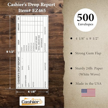 500 Cashier Depot EZ465 Cashier's Drop Report Envelope, 4 1/8" x 9 1/2", Sturdy 24lb. White, Cash Envelopes For Hotels, Restaurants, Gas Stations & Retailers (500 Envelopes) - style: 500 Envelopes