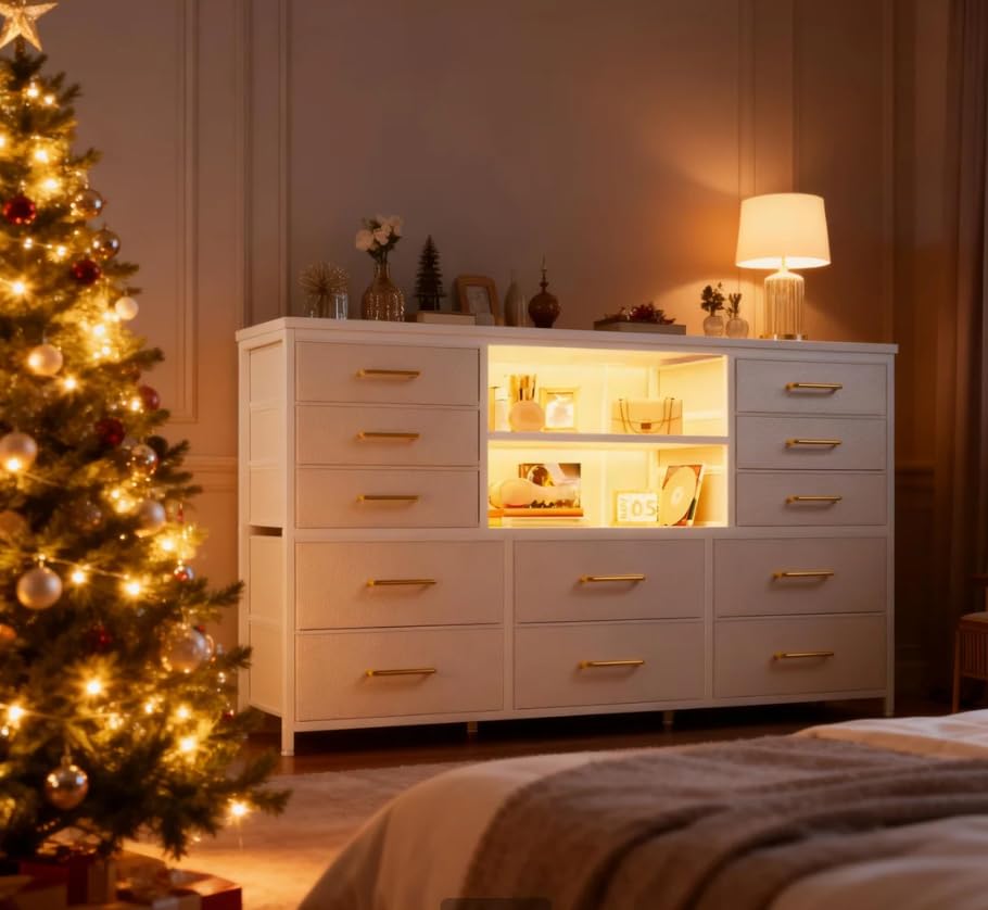 EnHomee Dresser for Bedroom with LED Lights & Charging Station - color: White