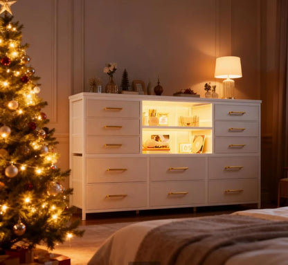 EnHomee Dresser for Bedroom with LED Lights & Charging Station - color: White