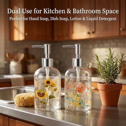 Topadorn Glass Soap Dispensers Set of 2, 17oz Sunflower & Floral Design - color: Pink and Yellow