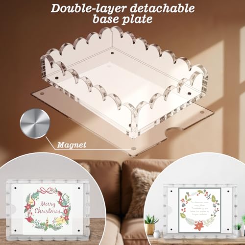 Acrylic Scalloped Tray with Magnetic Mat, 7.8x5.8 Inch Customizable Display for Photos Art Messages, Clear Serving Tray Organizer Non-Slip Base, Home Office Decor or Gift