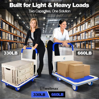 Wellmax Push Cart Dolly, Foldable Moving Platform Flat Cart, 660 lb, Blue - color: Blue, size: 660 Lbs