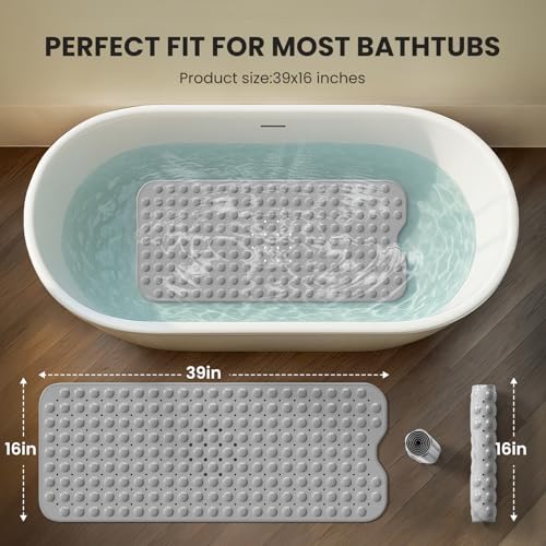 Non-Slip Bath Tub Mat, 39x16 Inch Extra Large Shower Mat with Drain Holes & Suction Cups, Machine Washable, Pink - color: Pink