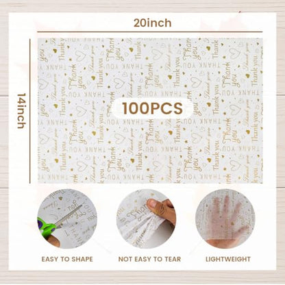 Koogel 100 Sheets White Gold Thank You Tissue Paper, 20 X 14 inches - color: White