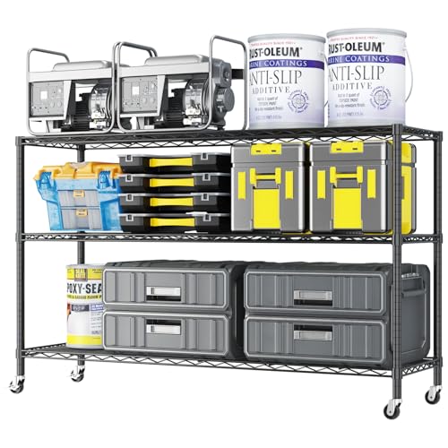 3-Tier Shelf, Adjustable Wire Metal Rack Shelving, Heavy Duty Standing Storage Shelves, Garage, Kitchen, Office, Bathroom, Shelfs Easy Assembly, 46" W x 17.7" D x 41" H Wheels, Black - color: Black, size: 3-tier 46.06"W x 17.72"D x 40.94"H Wheels
