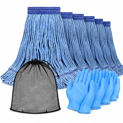 6 Pack Commercial Mop Heads with Mesh Laundry Bag & 16 Disposable Gloves - size: 6 Pack