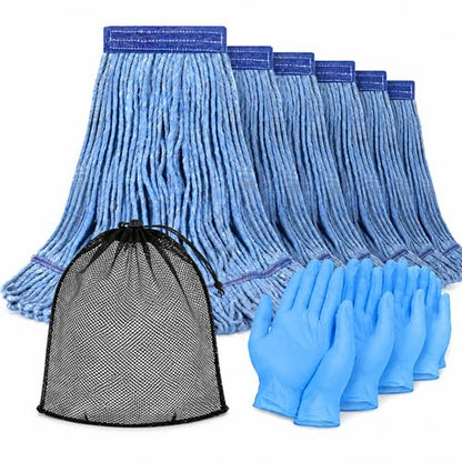 6 Pack Commercial Mop Heads with Mesh Laundry Bag & 16 Disposable Gloves - size: 6 Pack