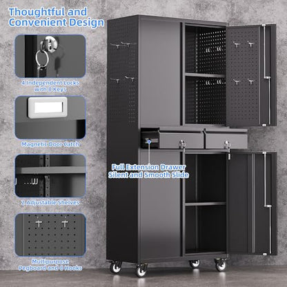 71-Inch Garage Storage Cabinet with 2 Drawers, Wheels and Pegboard - color: Black, size: 16"D x 30"W x 71"H