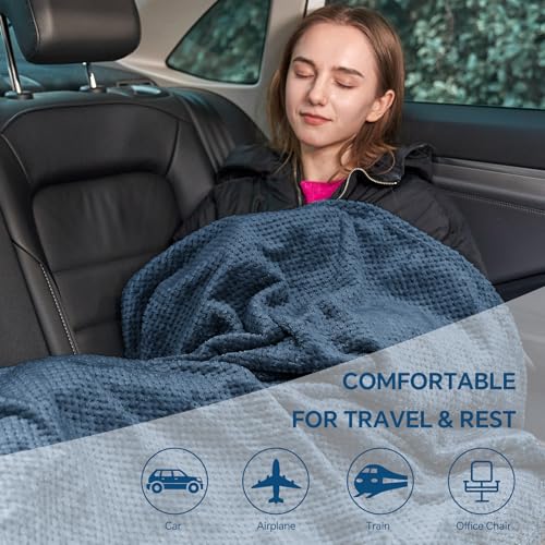 BEDELITE Travel Blanket with Bag, Jacquard Fleece Blanket 65"x40", Navy - color: Navy