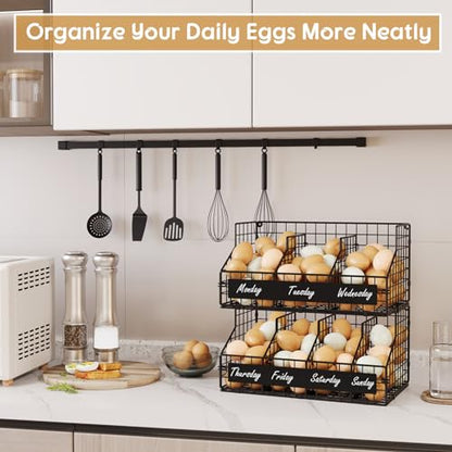 Egg Holder Countertop,Metal Egg Rack with Adjustable Dividers & DIY Labels - color: Black, size: 2-Tier X-Large