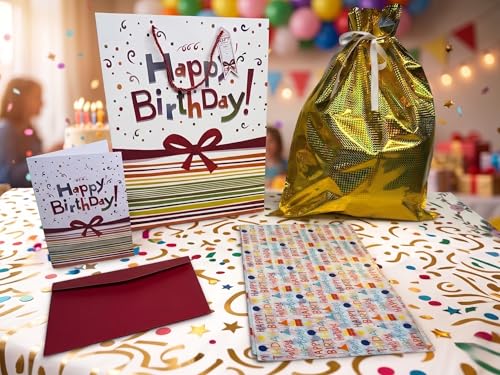 Srashtaa 5-Piece Happy Birthday Gift Bag Set – Extra Large Paper Bag + Golden Wrapping Bag + Greeting Card + Envelope + Tissue Paper | Birthday Gift Bags for Men Women