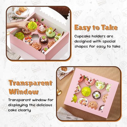 RYDDOY 4 Pack Pink Cupcake Boxes, Hold 12 Count Cupcake, Cupcake Carriers - color: Pink