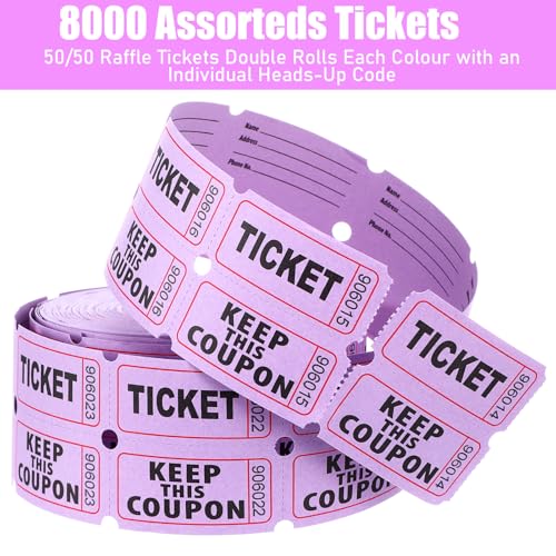 8000 Multicolor Raffle Tickets - 8 Double Rolls of 1000 Tickets Each, Consecutively Numbered 50/50, 1x2 Inch, for Party, Concert, Carnival, Event