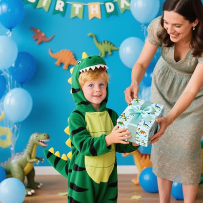 ZINTBIAL Dinosaur Reversible Wrapping Paper Roll - Boys & Girls Birthday Gift Wrapping Paper - 17 Inch x 33 Feet - Great for Baby Shower, Kids Party - Blue Dinosaur Design with White Polka Dots Back - color: Dinosaur -Blue