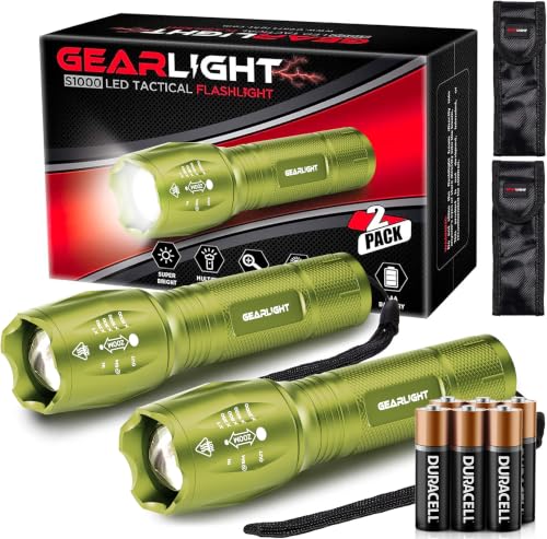 GearLight LED Flashlight High Lumens, Mini Tactical LED Flashlight 2 Pack, 5 Modes Zoomable Beam, Battery Powered for Camping, Hunting, Home & Emergency, Compact Small LED Flashlight (Green Yellow) - color: Green-Yellow