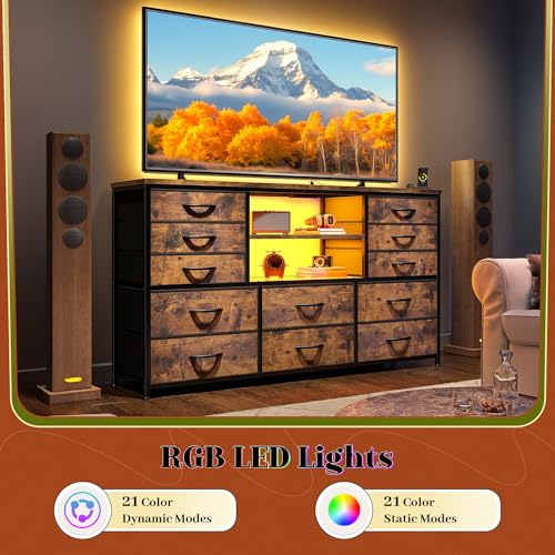 EnHomee Dresser for Bedroom with LED Lights & Charging Station - color: Rustic Brown