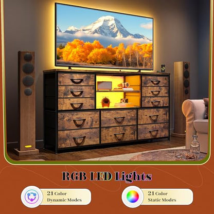 EnHomee Dresser for Bedroom with LED Lights & Charging Station - color: Rustic Brown