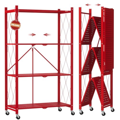 DEANIC 4 Tier Foldable Storage Shelves with Wheels, Large Capacity Shelving Unit, Freestanding Metal Wire Shelf Rack, No Assembly Organizer Rack for Garage Kitchen, Basement(Red) - color: Red
