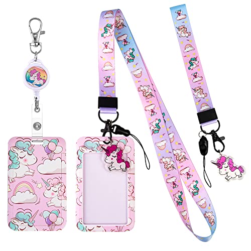 HIFOT Unicorn Kids Lanyard with Id Holder, Detachable Wrist Lanyard for Keys, Retractable Badge Holder with Metal Lobster Clasp Used for Student, Nurse, Teacher ID Holder - style: Unicorn