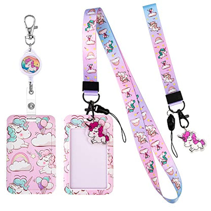 HIFOT Unicorn Kids Lanyard with Id Holder, Detachable Wrist Lanyard for Keys, Retractable Badge Holder with Metal Lobster Clasp Used for Student, Nurse, Teacher ID Holder - style: Unicorn