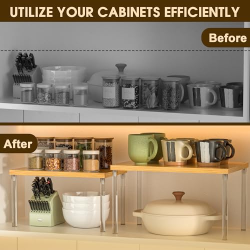 Jolitac Cabinet Organizer Shelf - Set of 4 Clear Acrylic Spice Rack, Stackable Pantry Storage Shelves for Kitchen Counter, Bathroom, Desk - Multi-Purpose Bamboo Space Saving Shelves, Easy Assembly