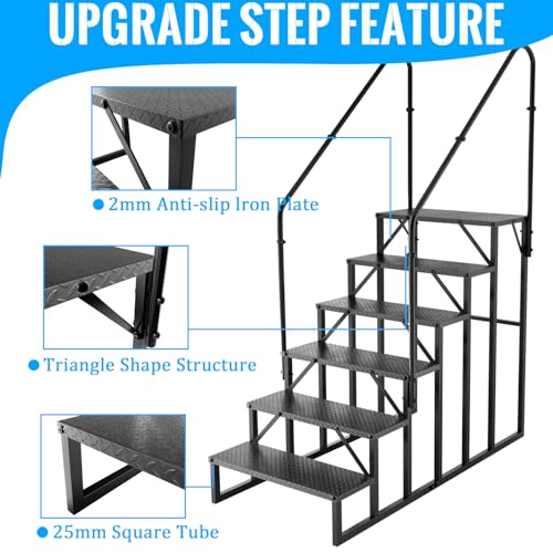 6 Step RV Stairs with 2 Handrails, 660LBS Heavy Duty Anti‑Slip Metal Steps, Detachable Outdoor Stairs for Hot Tub, 5th Wheel, Pool, Mobile Home, Porch, Pet Steps - size: 6 Step-2
