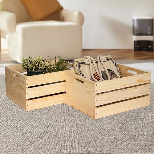 3 Packs Unfinished Pine Wooden Crate,DIY Wooden Storage Crate with Handles