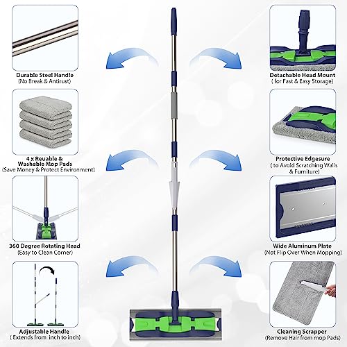 Microfiber Mops for Floor Cleaning: Flat Floor Mop with 4 Washable Pads - color: Green