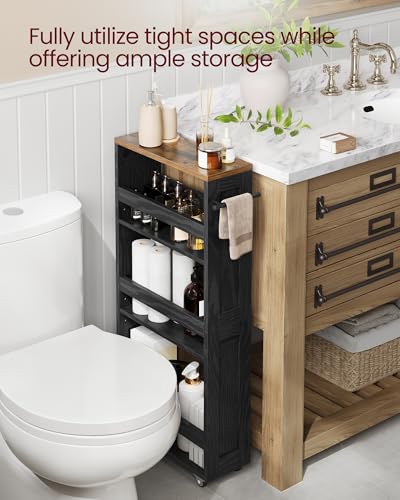 VASAGLE 4-Tier Slide-Out Storage Cart, Slim Kitchen Cart with Wheels - color: Ebony Black + Rustic Brown, size: 5.9"D
