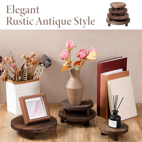 4 Pcs Round Wooden Risers for Display, Wood Pedestal Stand Mini Tiered Tray Stand Rustic Wooden Riser Holder for Home Decor Kitchen Counter, 4 Size(Brown)