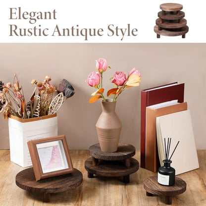 4 Pcs Round Wooden Risers for Display, Wood Pedestal Stand Mini Tiered Tray Stand Rustic Wooden Riser Holder for Home Decor Kitchen Counter, 4 Size(Brown)