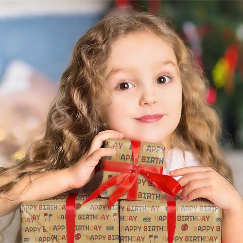 Ulmasinn Kraft Birthday Wrapping Paper Roll - 17" x 16.4 Ft with Grid Cut Lines, Happy Birthday Print for Easy Wrapping, Kids Party, Baby Shower - color: Kraft Birthday