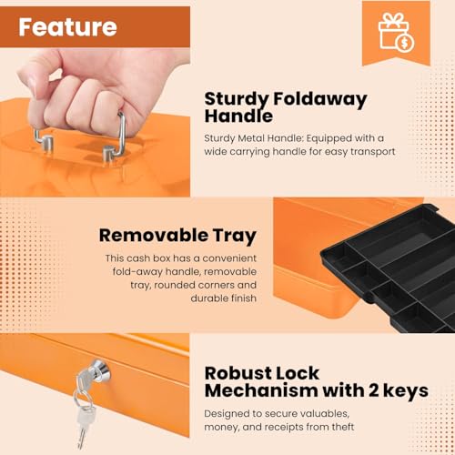 Flexzion Small Cash Box with Money Tray and Lock, 11.4-Inch, Orange - color: Orange