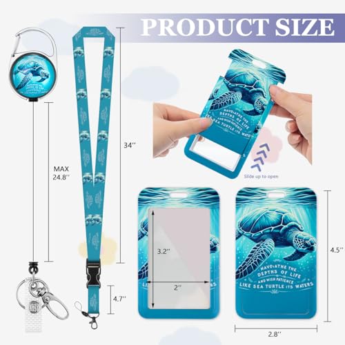 Cute Sea Turtle ID Badge Holder with Lanyard and Retractable Badge Reel - color: Sea Turtle