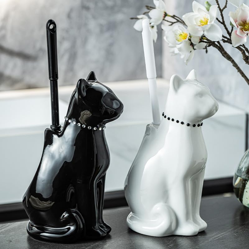 Comeon Ceramic Cat White Toilet Brush and Holder Set with Plastic Handle - color: White, size: Cat