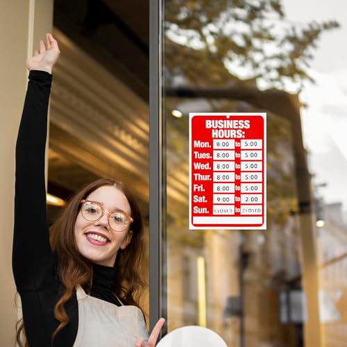 2 Set Business Hours Sign, Business Hours Sign Kit for Glass Door or Window with Matching Sticker, 11.81" X 7.87" Ideal Hour of Operation Signs for Businesses, Store or Office (Red and White)