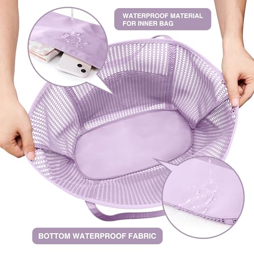 KALIDI Upgrade Version Beach Mesh Tote Bag MAX 27L Large capacity,Shoulder Bag Nylon Hobo Women Casual Foldable Beach Picnic - color: Violet