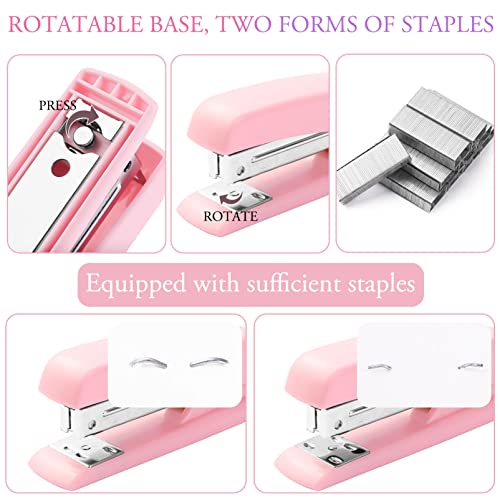 Pink Desk Accessory Kit Cute Office Supplies Set Desktop Stapler Set Includes Staple Remover Hole Punch Tape Dispenser Ballpoint Pen Scissor Mini Box Cutter Tape Measure Paper Clips Sticky Notes - color: Pink