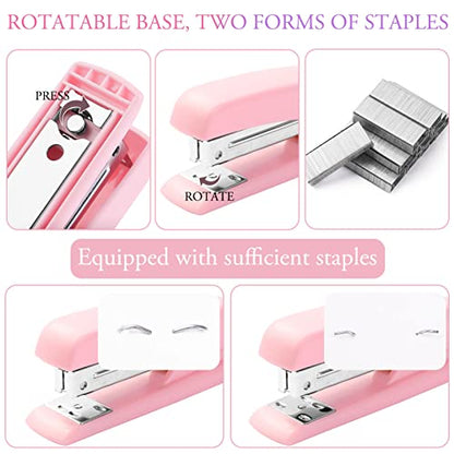 Pink Desk Accessory Kit Cute Office Supplies Set Desktop Stapler Set Includes Staple Remover Hole Punch Tape Dispenser Ballpoint Pen Scissor Mini Box Cutter Tape Measure Paper Clips Sticky Notes - color: Pink