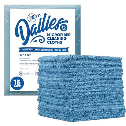 Microfiber Wholesale Dailies Microfiber Cleaning Cloths | 15-Pack (Blue) 12"x10" | Fits TowelNest Dispenser | Reusable, Absorbent, Washable | Eco-Friendly Paper Towel Alternative - color: Blue, size: 15 Count (Pack of 1)