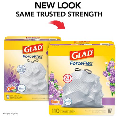 Glad ForceFlex Tall Kitchen Trash Bags, 13 Gal, Gain Lavender with Febreze, 110 Ct (Pack May Vary) - size: 110 Count (Pack of 1)