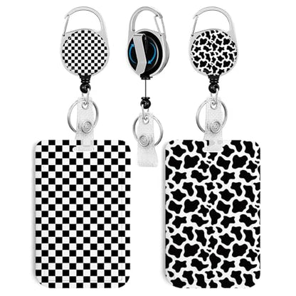 2 Pack Black and White Checkered&Cow ID Badge Holder with Clip Badge Reels - color: 2 Pack-checkered&cow