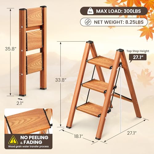 3 Step Ladder, Foldable Aluminum Step Stool with Anti-Slip Pedal - color: Woodgrain, size: 3 Step