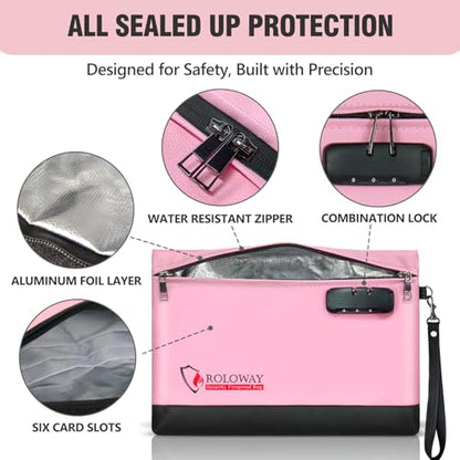 ROLOWAY Fireproof Money Bag with Lock for Cash, 6400°F Fire Proof Document Bag (12.2 x 8.5 x 1.6 inches), Money Pouch with Zipper (Pink) - color: Pink