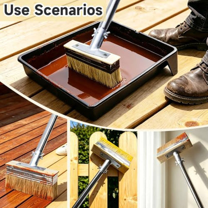 Deck Stain Brush Applicator Kit with 7.5" Stain Brush, 50" Adjustable Extension Pole, 3" Paint Brush, Tray with Liners, Wood Staining Tools for Deck, Fence, Wall, Floor and Furniture