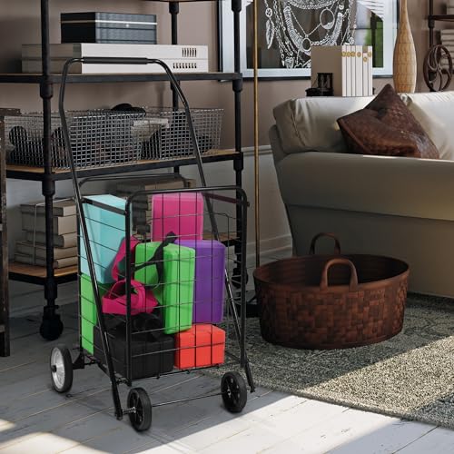 Elevon Foldable Shopping Utility Cart, Collapsible Durable Grocery Utility Cart with Rolling Wheels for Easy Storage, Laundry, Book, Luggage Travel, Compact Portable, Black