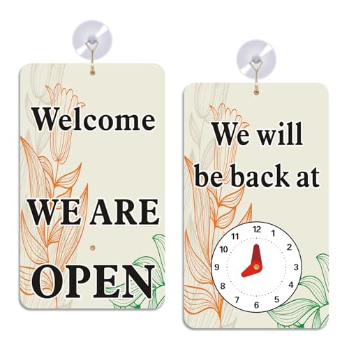 Open Signs for Business with Suction Cups, “We Will Be Back - Welcome We are Open" Be Back Sign with Clock, Business, Retail Store. Coffee Shops, Bars, Etc.7.75" x 4.75" Plastic - color: black
